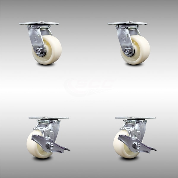 Service Caster 4 Inch Stainless Steel Nylon Swivel Caster Set with Roller Bearings 2 Brakes SCC SCC-SS30S420-NYR-2-TLB-2 - main